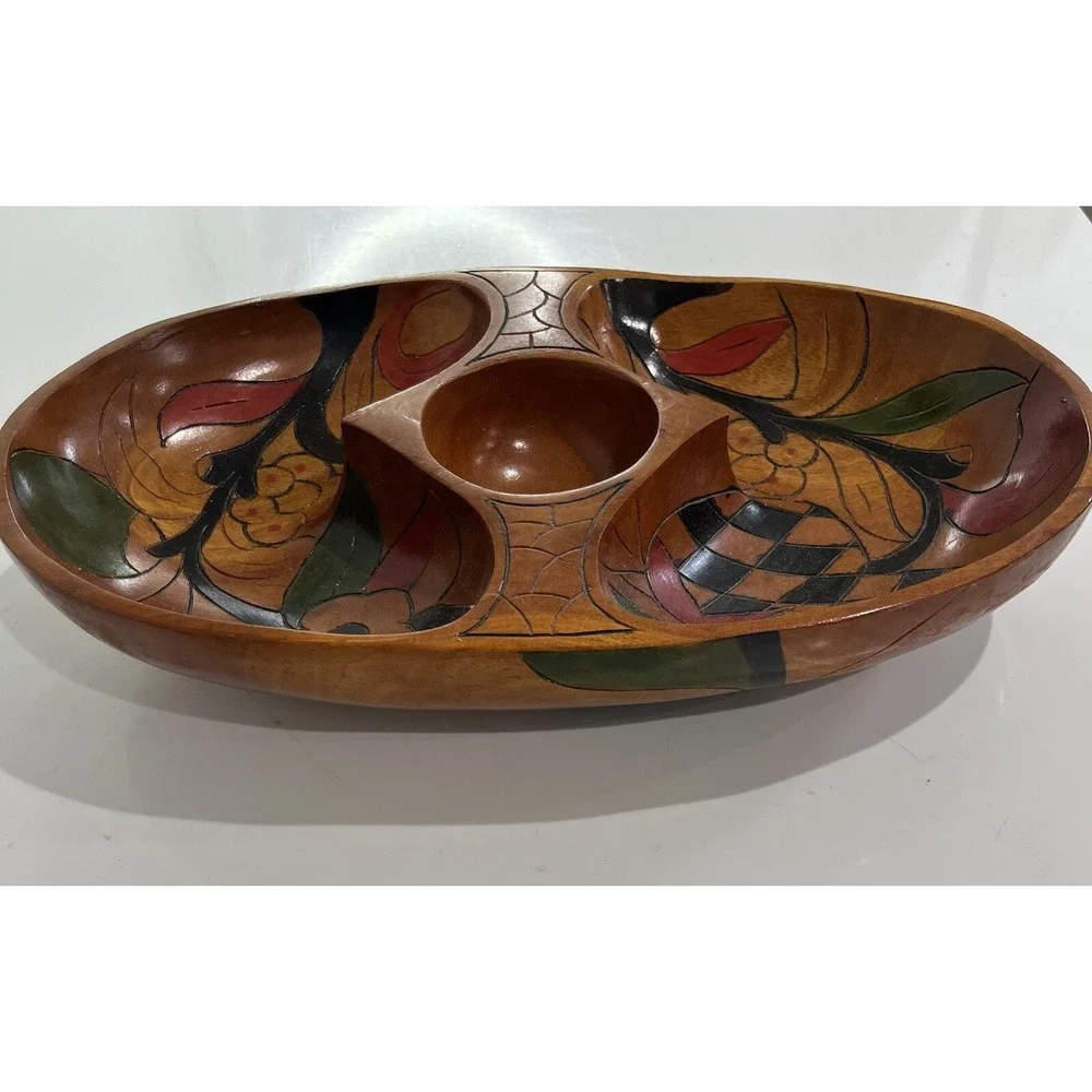 Vintage Wooden Hand Painted Carved Bowl Serve Nuts Cheese Floral‎ 2 Sided Design